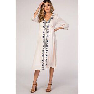 Pale Pink Floral Embroidered 3/4 Sleeve Maternity Midi Dress